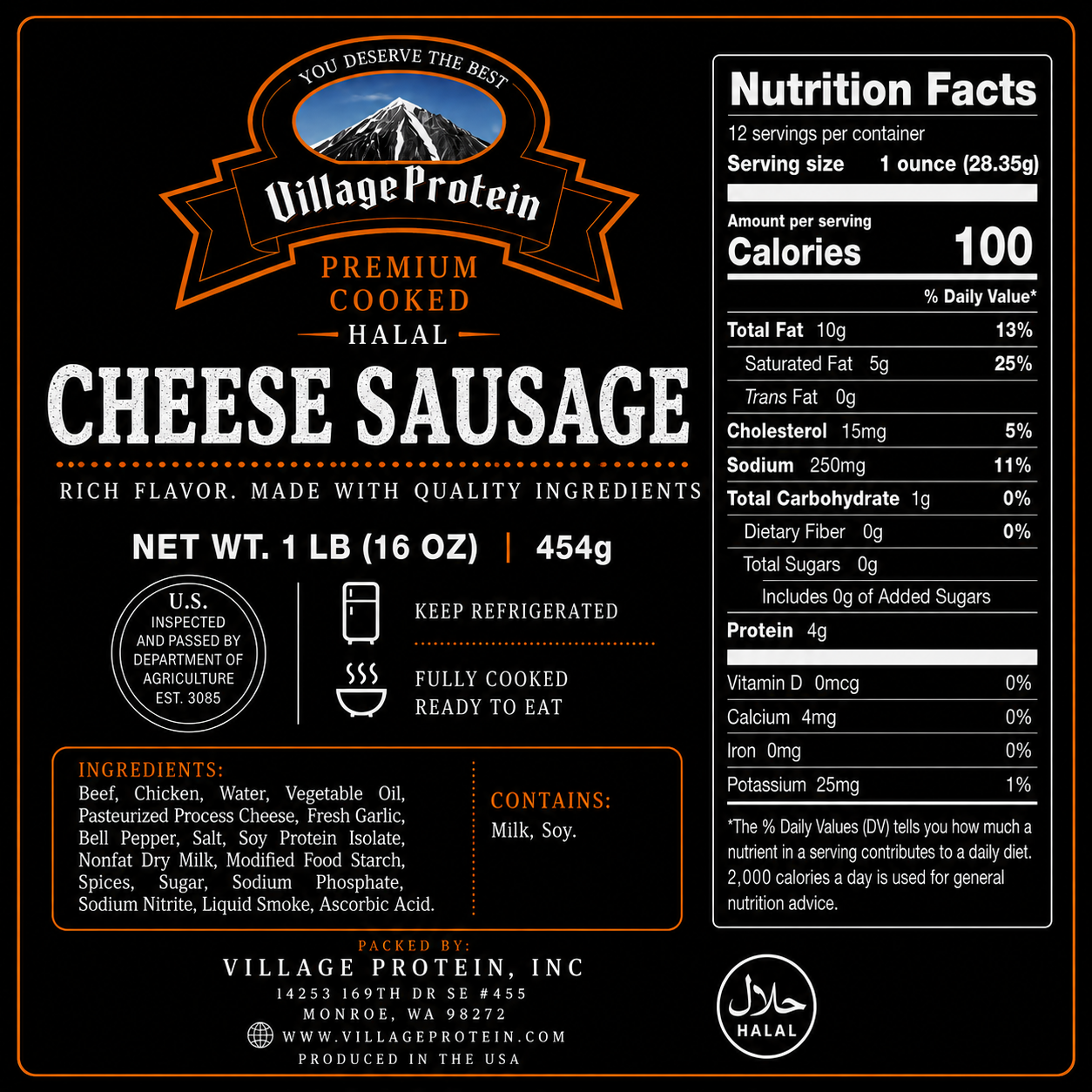 Village Protein Premium Cheese Sausage – Fully Cooked Halal